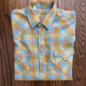 70s Vintage Mens Button Down Plaid Western Shirt