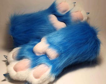 Patas peludas azuis, patas de fursuit que rangem, patas de cosplay feitas à mão