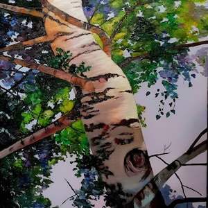 Original Tree Oil Painting on Canvas, Birch Tree Wall Art, Living Room Home Decor, Nature Painting, Leaves and Branches Close Perspective