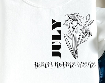 July Birthday Flower Unisex sweatshirt in black and white minimalist