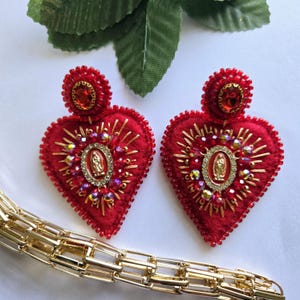 Hand Embroidered Earrings, Traditional Mexican Earrings. Unique design Virgen de Guadalupe.