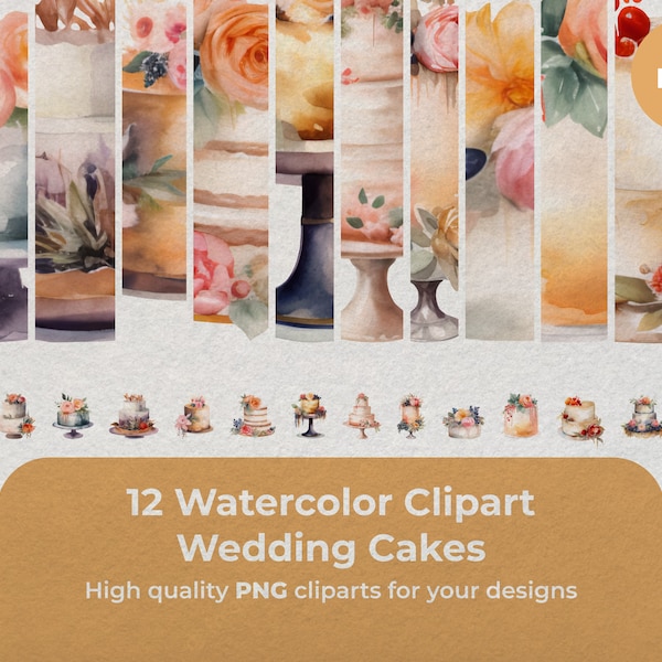 12 Watercolor Clipart PNG Wedding Cakes | Watercolor Elegant Cakes PNG | Watercolor Clipart Cake | Pastel de boda png | Pastel clipart