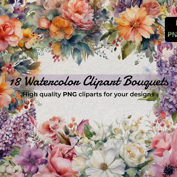 18 Watercolor Clipart PNG Bouquets | Watercolor Flowers PNG | Watercolor Clipart Bouquets for Weddings | Ramo flores png | Flores acuarela