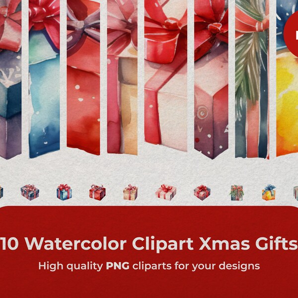 10 Watercolor Clipart PNG Xmas Gifts | Watercolor Xmas PNG | Navidad | Christmas season | Acuarela navidad | Regalos navidad