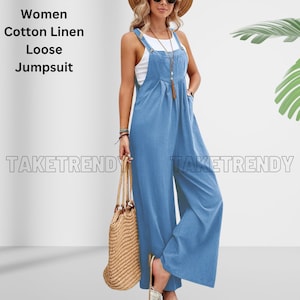 Women Linen Loose Jumpsuit Casual Solid Color Wide Leg Pants Adjustable Strap Romper Cotton for Her Fashion Holiday Beach Bib Overalls