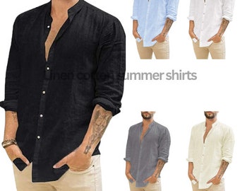 Cotton Linen Hot Sale Men's Long-Sleeved Shirts Summer Solid Color Stand-Up Collar Casual Beach Style Plus Size