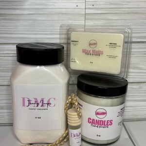 May include: A set of three home fragrance products: a white jar of carpet freshener labeled "DMC Frootie Loops Carpet Freshener 17 oz", a clear glass jar of candles labeled "DMC Candles Hand-poured 8 oz", and a small clear glass bottle of wax melts labeled "DMC Wax Melts Hand-poured 8 oz".