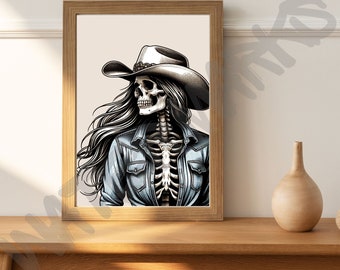 Rustikales Cowgirl Skelett Kunstdruck: Boho Western Dekoration (Digitaler Download)