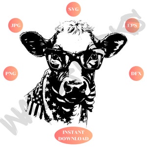 Patriotic Cow with Glasses SVG, American Flag Farm Animal Instant Download Svg, Png, Eps, Dxf, Jpg digital download