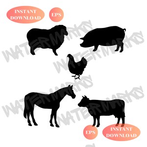 Set of 5 Farm Animal Silhouette Designs - EPS Vector File - Farmyard Clipart for Digital Projects, Scrapbooking, and Crafts
