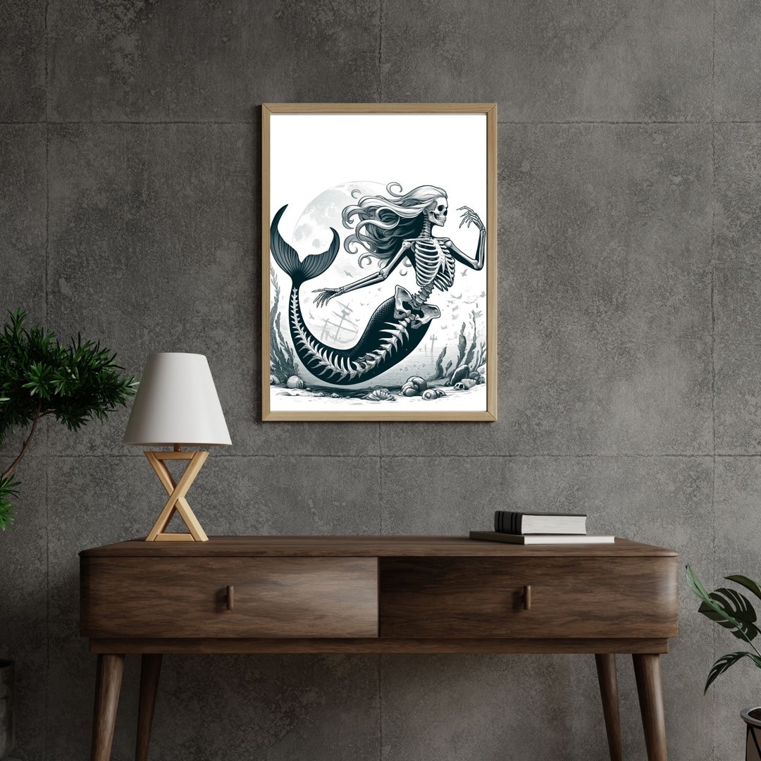 Nautical Skeleton Mermaid Art, Gothic Siren of the Seas Print, Mythical