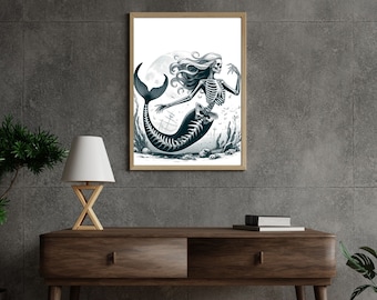 Lámina artística de sirena esquelética gótica: decoración náutica (descarga digital)