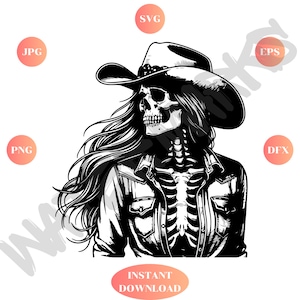 Diseño de esqueleto de calavera de vaquera para chica campestre. Descarga instantánea. Descarga digital en formato PNG, JPG, SVG, EPS y DXF.