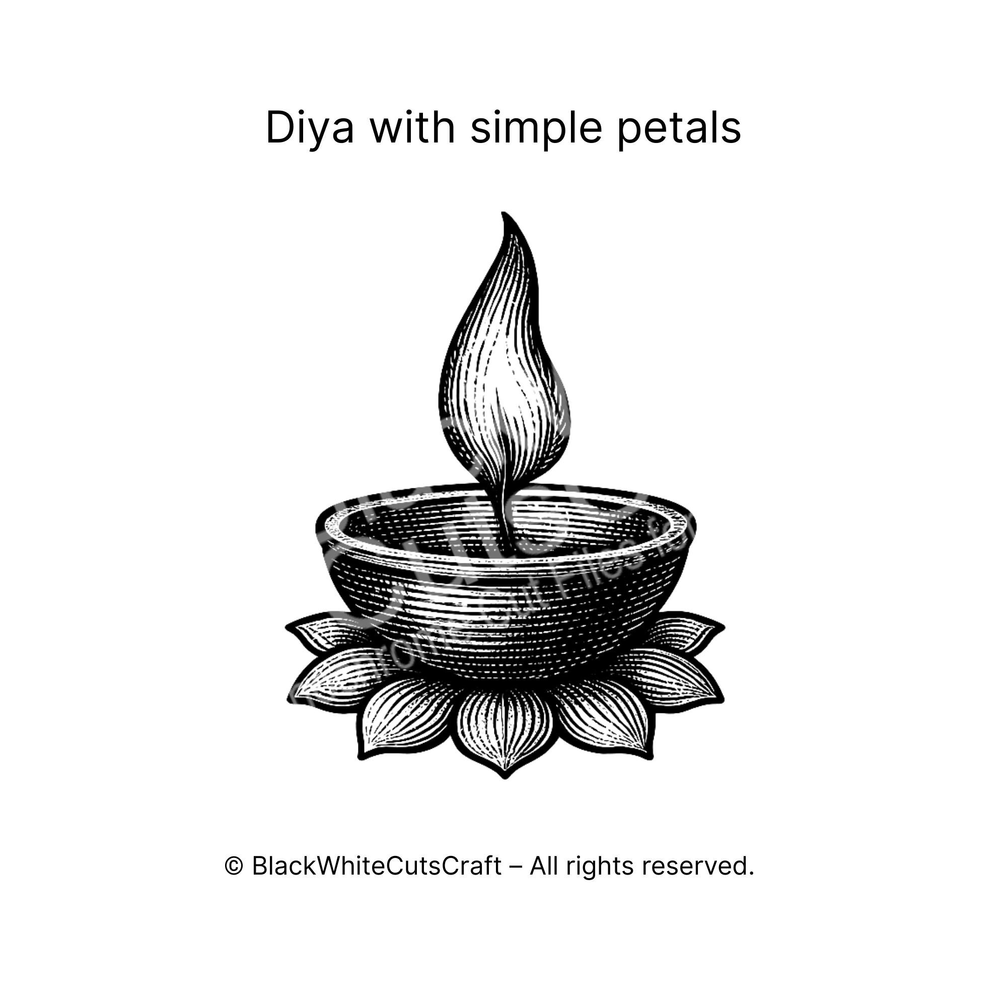 Diya with simple petals svg, diwali victorian engraving icon, silhouette  cut file svg png dxf eps for Cricut Silhouette, image size:2000x2000