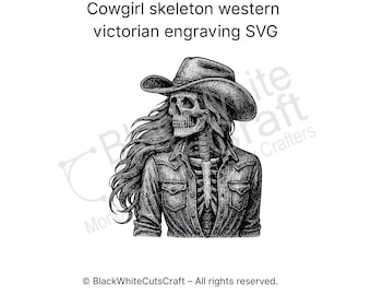 Cowgirl skeleton with hat svg, western victorian engraving icon, silhouette cut file svg png dxf eps for Cricut Silhouette