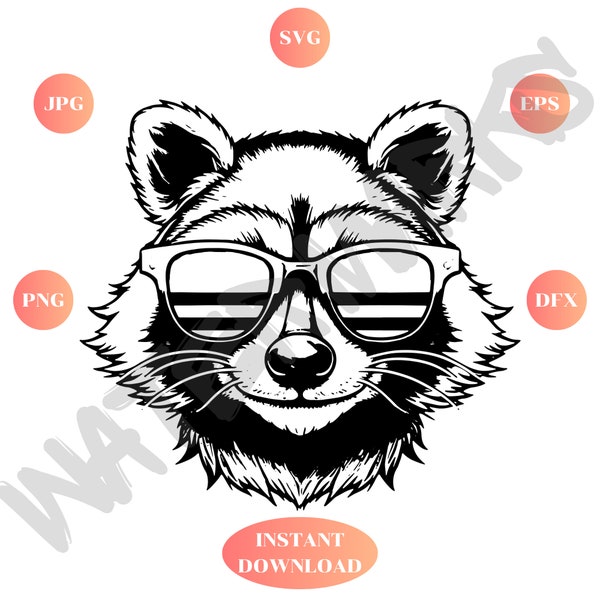 Cool Raccoon with Sunglasses SVG Instant Download Svg, Png, Eps, Dxf, Jpg digital download