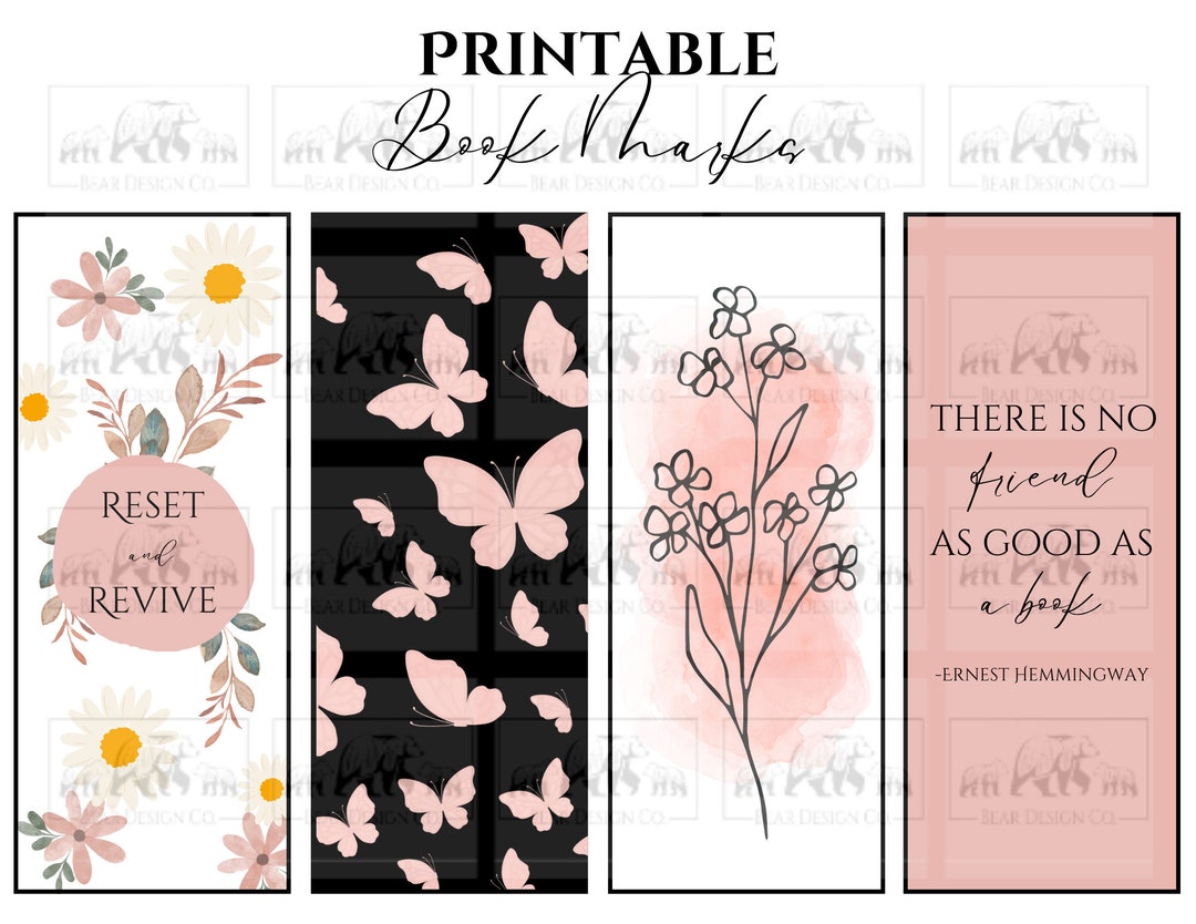 Printable Bookmarks Set of 4, Pink Floral Butterflies, Gift for Reader ...