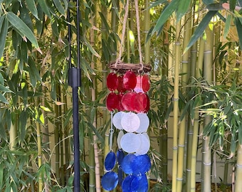 Red, White and Blue Capiz Shell Windchime with 6 Strands that hang from a Wreath made of Twigs.  Twinkling Sound for your Garden/Patio