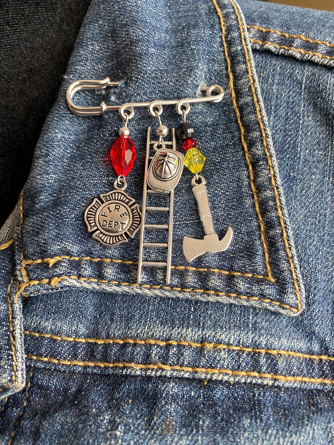 Fire Fighter Safety Pin/broach Including a Fire Dept Badge, Helmet, Axe ...
