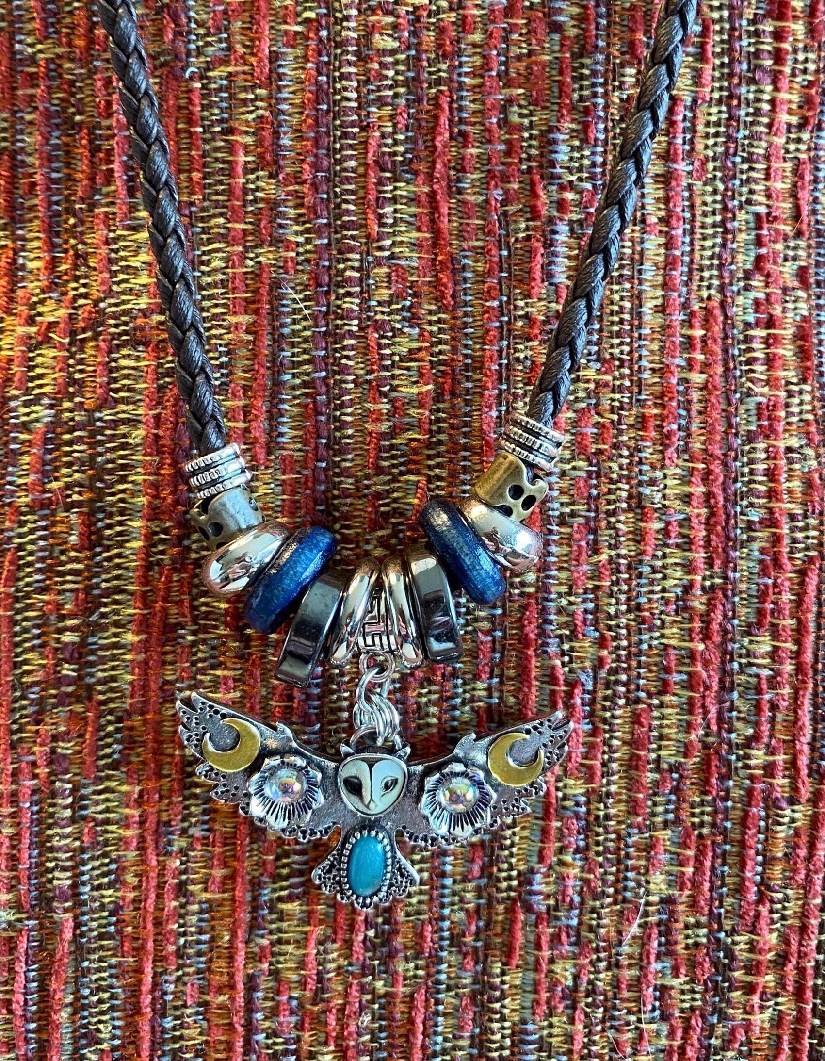 Beautiful Metal Owl Pendant with Inlaid Golden Moons, Turquoise Stone and Iridescent Bead Flowers on