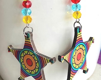 Star Shaped Wooden Piñata for Cinco de Mayo, Quinceañera or Birthday. Orange, Yellow and Green and Blue Earrings with pretty beads.