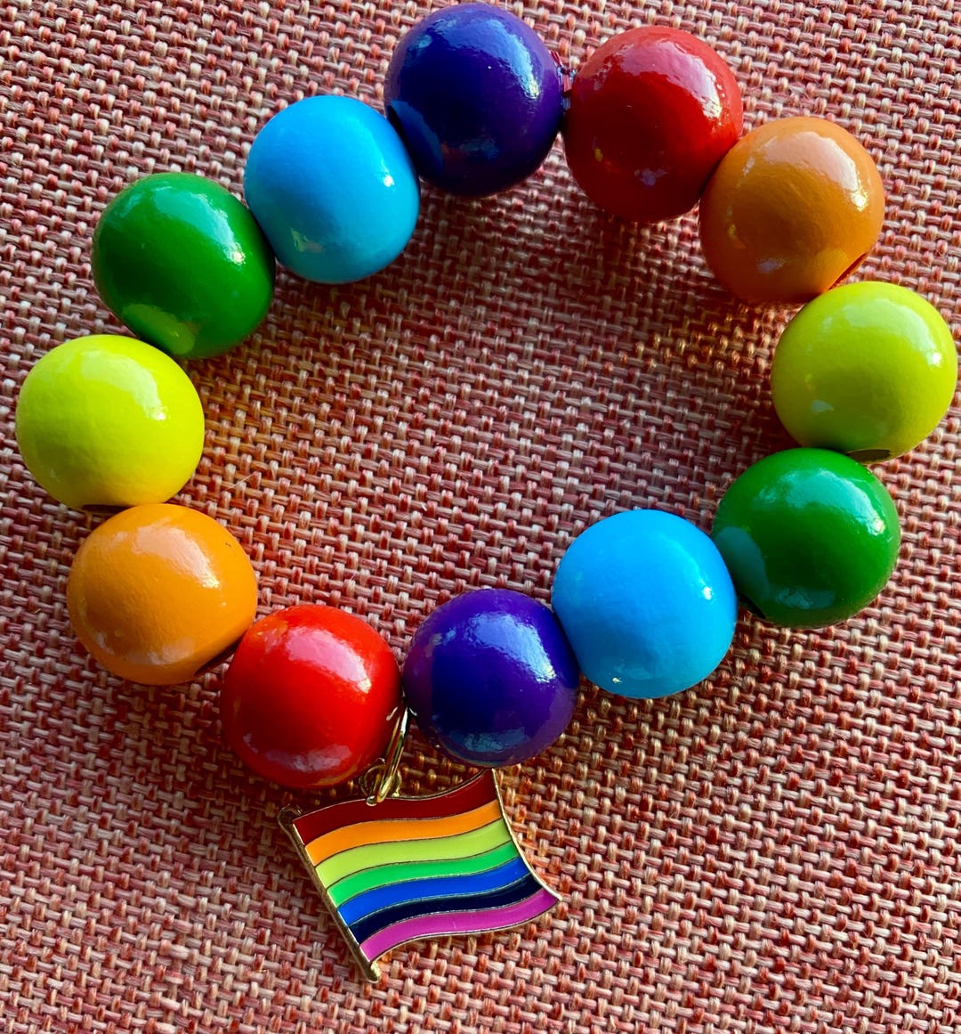 Rainbow Pride Wooden Bead Bracelet With Rainbow Pride Flag Charm on ...