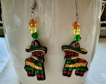Piñata for Cinco de Mayo, Quinceañera or Birthday Wooden Orange, Yellow and Green Burro with Hat Earrings with pretty beads.
