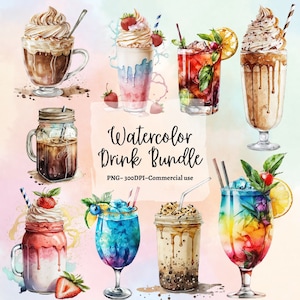 54 PNGs Watercolor Drink Bundle Clipart | Summer | Coffee, milkshakes & cocktails in PNG format, transparent background, Commercial use