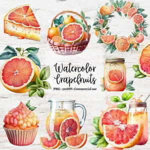 32 PNGs Watercolor Grapefruit Clipart | Citrus Fruit | Wreaths, drinks, desserts, juice in PNG format, transparent background Commercial use