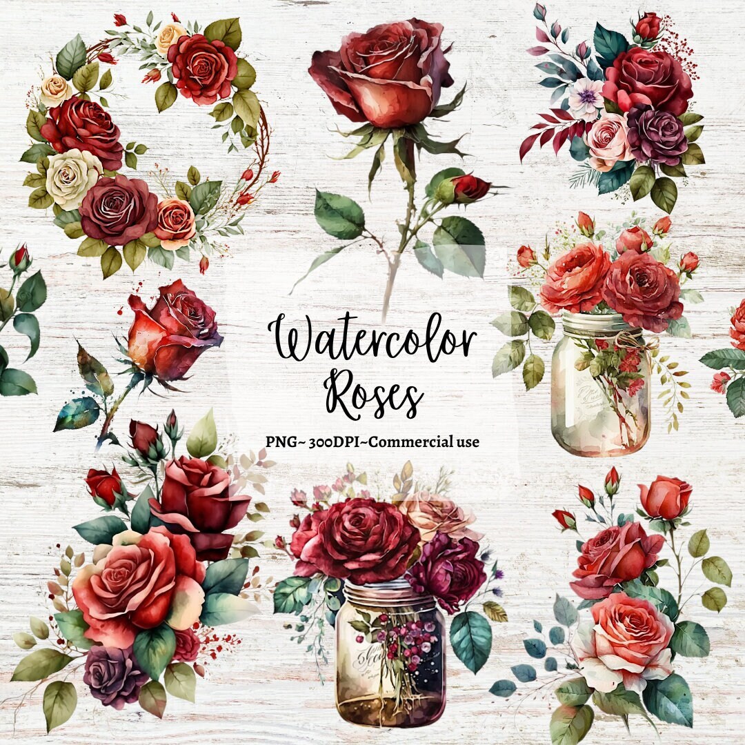 16 Pngs Watercolor Floral Rose Flower Clipart | Bouquets | Roses in PNG ...