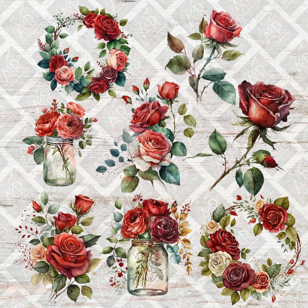 16 Pngs Watercolor Floral Rose Flower Clipart | Bouquets | Roses in PNG ...