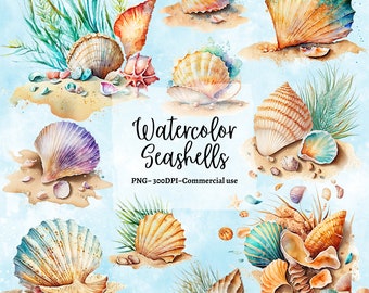 May include: Watercolor illustrations of various seashells in shades of orange, blue, purple, and white, set against a sandy beach and a light blue background. The text "Watercolor Seashells" is displayed in black script. The image is labeled as PNG, 300 DPI, and for commercial use.