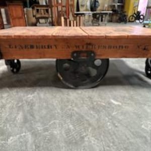 Vintage Lineberry Factory Cart Raindrop Wheels - Solid Oak Coffee Table / Storage