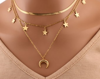 Gold Layering Choker Moon and Stars Necklace