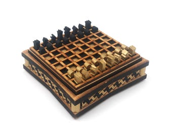 Mini Chess Set: Gold and Black, Lightning Helix Pattern, Laser Cut and Painted MDF, 1/4 inch pieces
