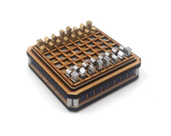 Mini Chess Set: Silver/Gold and Blue, Box Pattern, Laser Cut and Painted MDF, 1/4 inch pieces