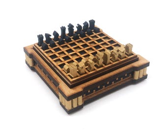 Mini Chess Set: Gold and Blue, Snake Pattern, Laser Cut and Painted MDF, 1/4 inch pieces