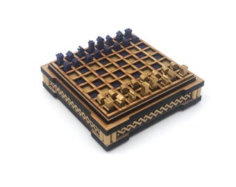 Mini Chess Set: Gold and Purple, Sharp Helix Pattern, Laser Cut and Painted MDF, 1/4 inch pieces