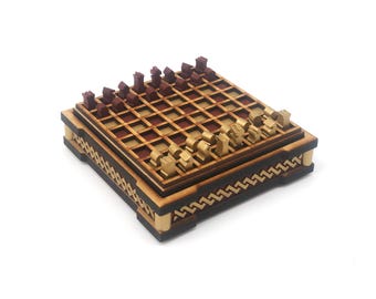 Mini Chess Set: Gold and Red, Sharp Helix Pattern, Laser Cut and Painted MDF, 1/4 inch pieces