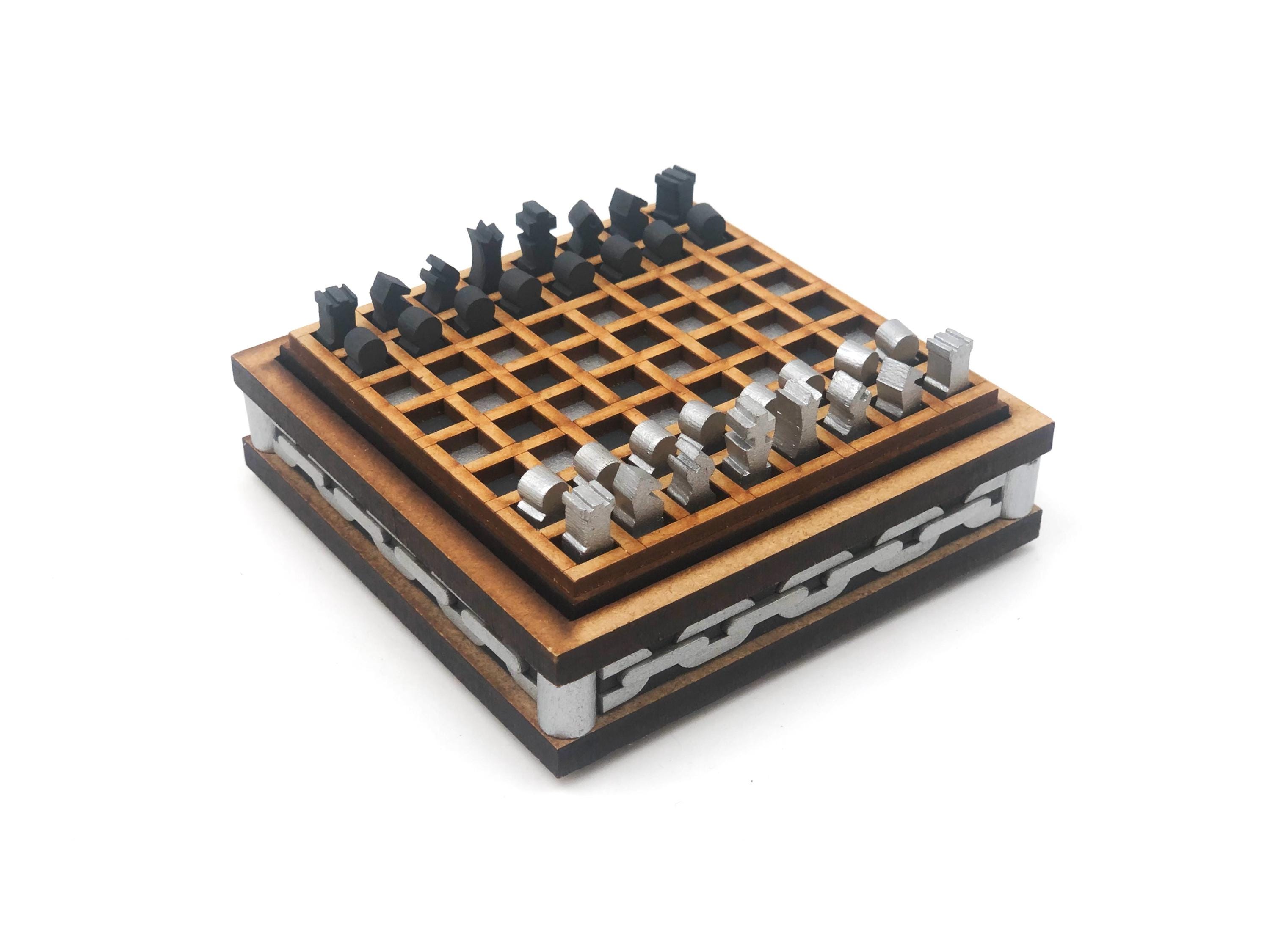 Chess Chain Mini Chess Set: Silver and Grey, Chain Pattern, Laser Cut and Painted ...