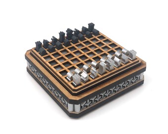 Mini Chess Set: Silver and Grey, Cubic Pattern, Laser Cut and Painted MDF, 1/4 inch pieces