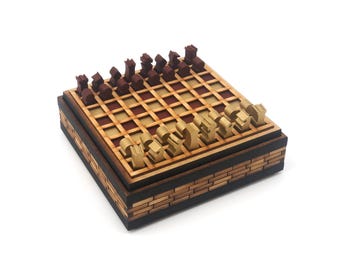 Mini Chess Set: Gold and Red, Brick Pattern, Laser Cut and Painted MDF, 1/4 inch pieces