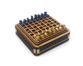 Mini Chess Set: Gold and Blue, Greek "T" Pattern, Laser Cut and Painted MDF, 1/4 inch pieces