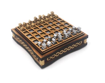 Mini Chess Set: Silver/Gold and Magenta, Helix Pattern, Laser Cut and Painted MDF, 1/4 inch pieces