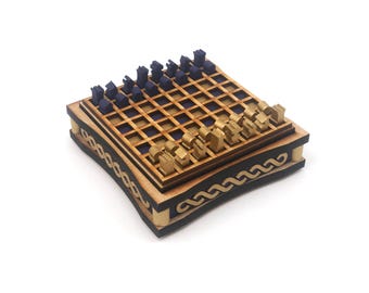 Mini Chess Set: Gold and Purple, Helix Pattern, Laser Cut and Painted MDF, 1/4 inch pieces