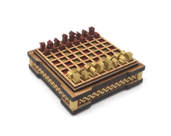 Mini Chess Set: Gold and Red, Sharp Helix Pattern, Laser Cut and Painted MDF, 1/4 inch pieces