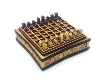 Mini Chess Set: Gold and Magenta, Fracture Pattern, Laser Cut and Painted MDF, 1/4 inch pieces
