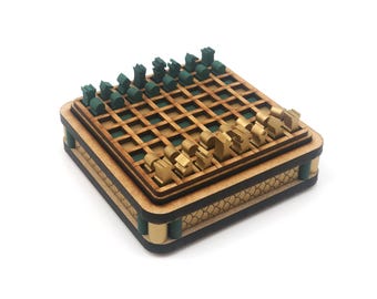 Mini Chess Set: Gold and Green, Fish Scale Pattern, Laser Cut and Painted MDF, 1/4 inch pieces