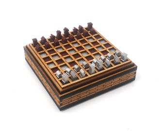 Mini Chess Set: Silver and Red, Brick Pattern, Laser Cut and Painted MDF, 1/4 inch pieces