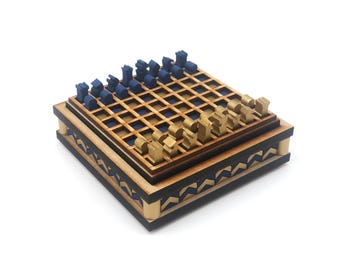 Mini Chess Set: Gold and Blue, Arrowweave Pattern, Laser Cut and Painted MDF, 1/4 inch pieces